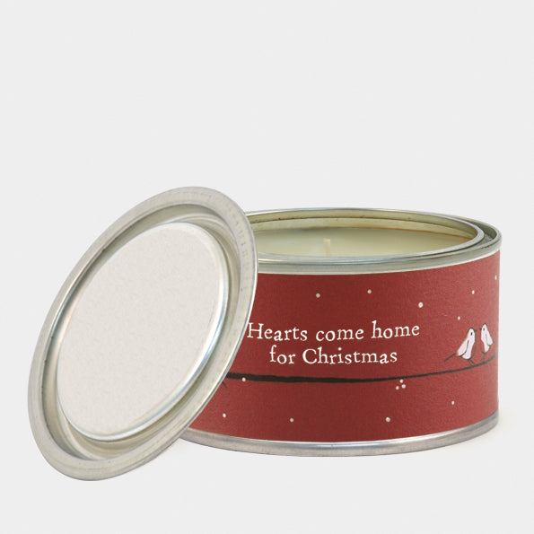 Hearts come home for Christmas. Tinned scented candle by East of India