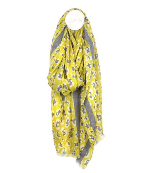 Yellow mix leopard print scarf with grey border