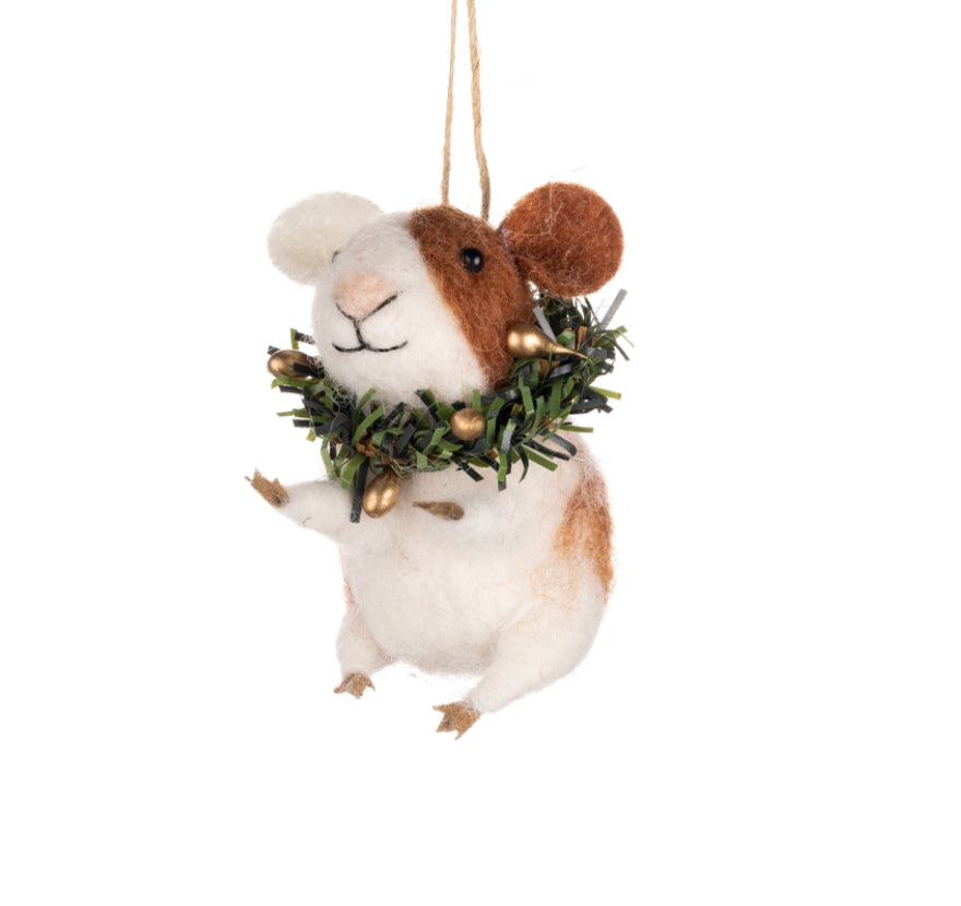 Felt Christmas mouse with wreath tree ornament