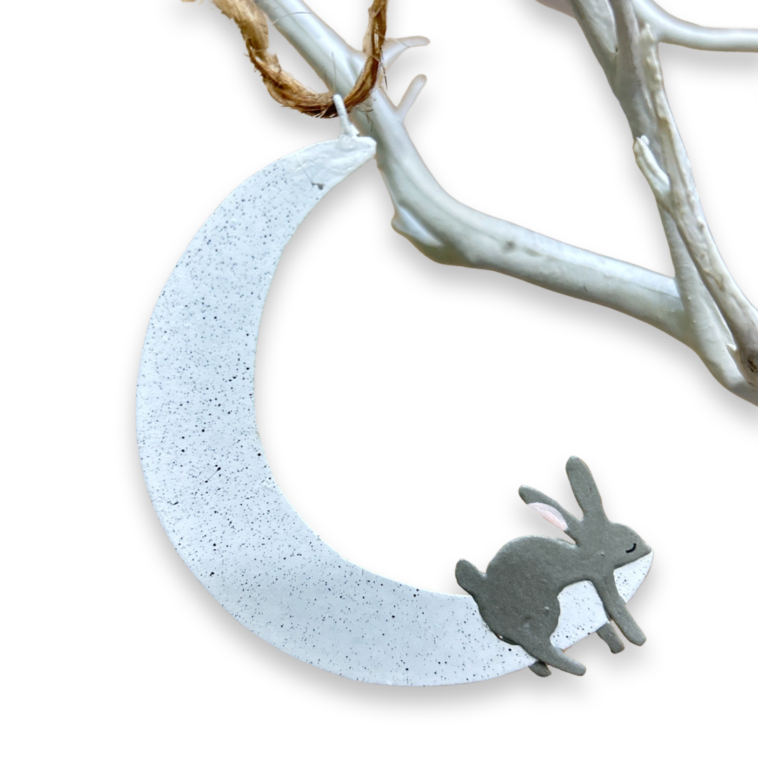 Hush moon & rabbit hanging decoration by shoeless joe