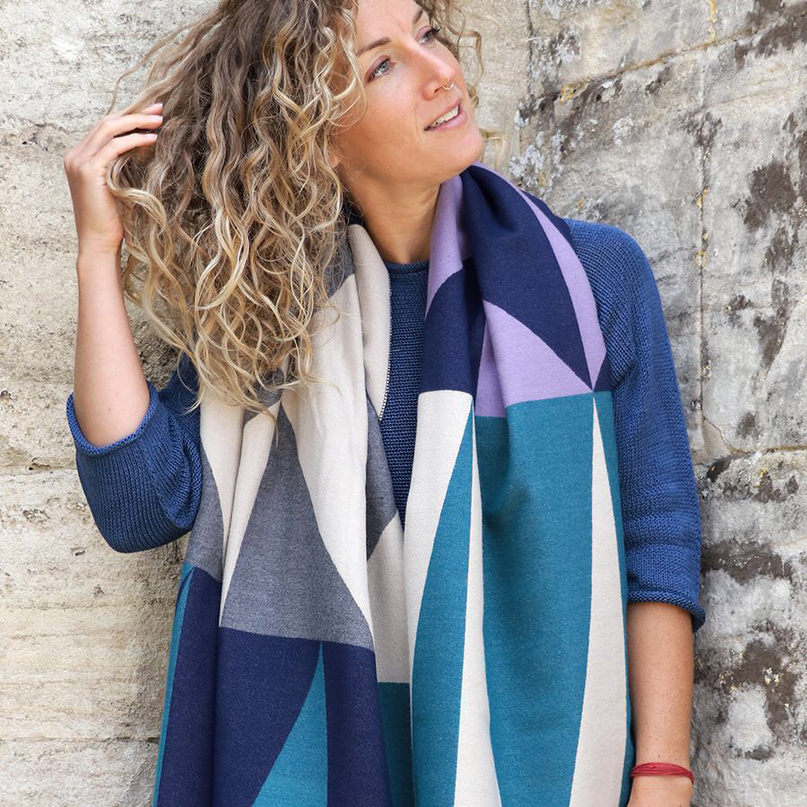 Teal and navy mix colour block scarf