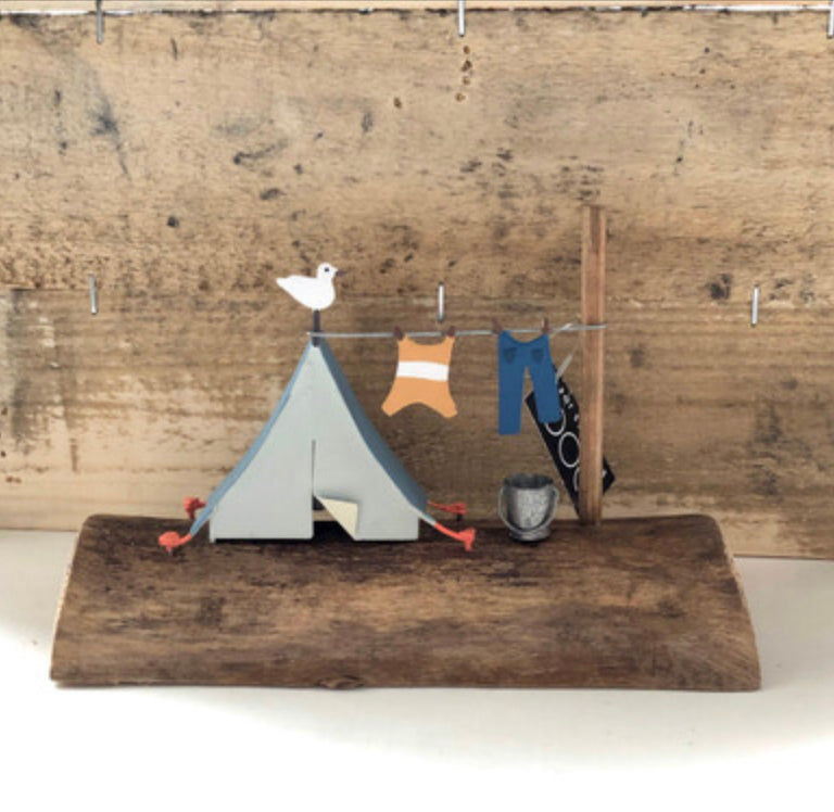 Seaside camp. Retro blue tent ornament by Shoeless Joe