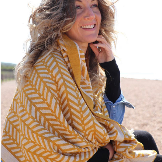 Mustard and ecru chevron reversible scarf by POM