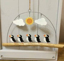 5 puffins in the sun hanging decoration by Shoeless Joe