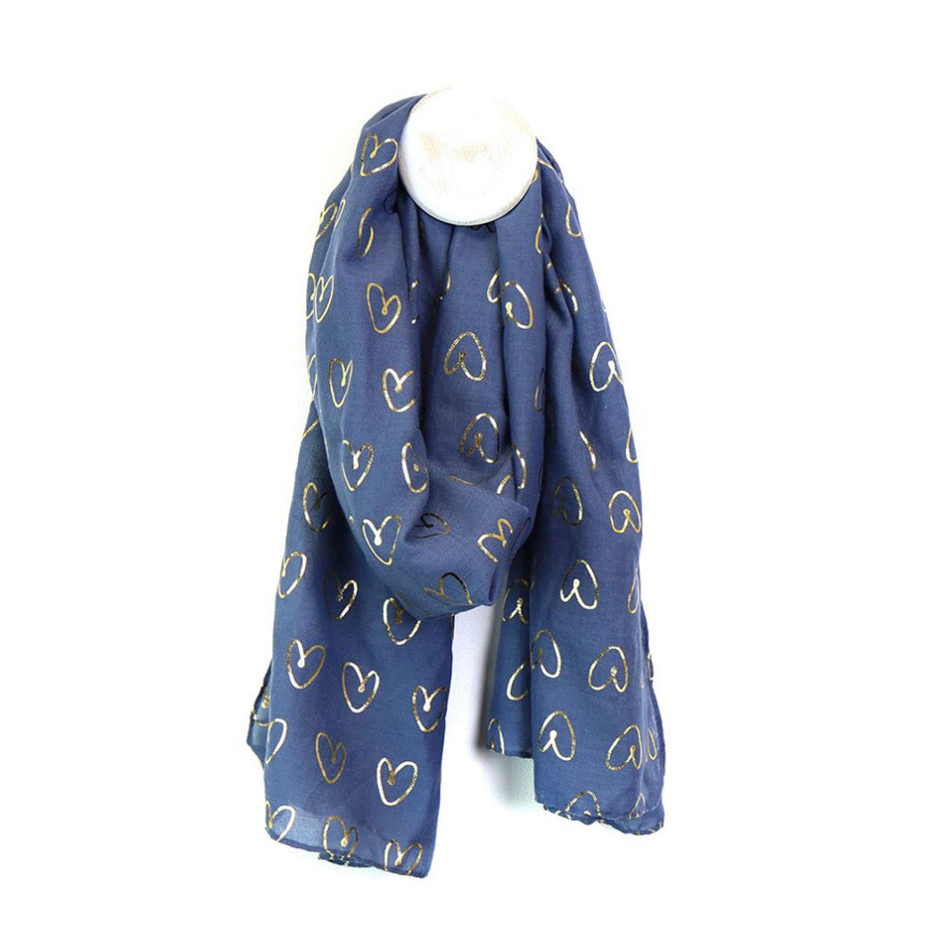 Denim blue and gold heart print scarf By Pom