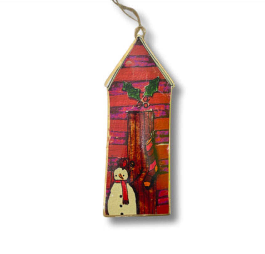 Christmas beech hut hanging decoration, red or blue by Shoeless Joe