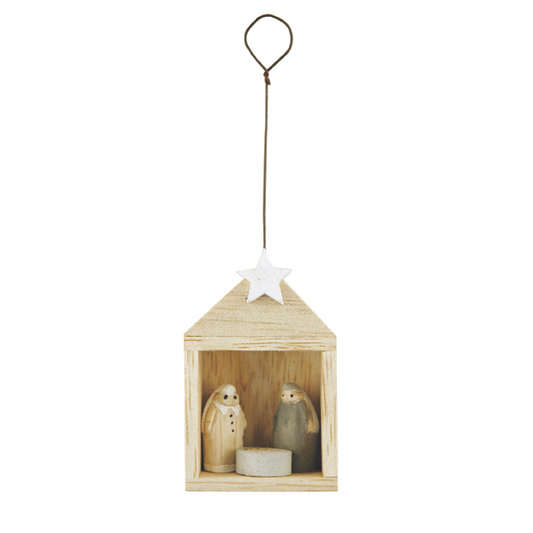 Hanging Tiny wooden nativity set in stable