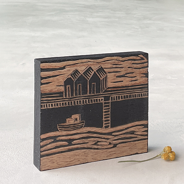 Hand carved wooden block of harbour by East of India