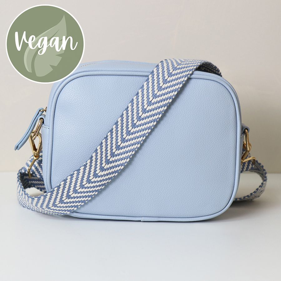 Baby blue Vegan Leather camera bag with removable chevron strap. POM bag