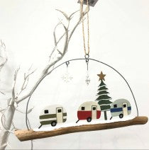 3 festive retro caravans.  Hanging Christmas decoration by shoeless joe