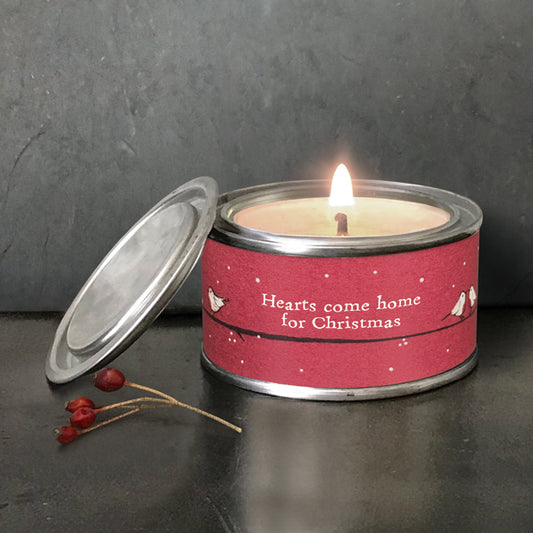 Hearts come home for Christmas. Tinned scented candle by East of India