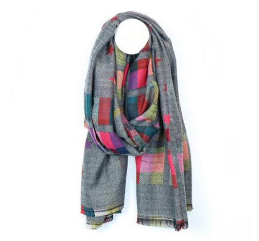 Mid grey & pink mix check & star scarf by POM