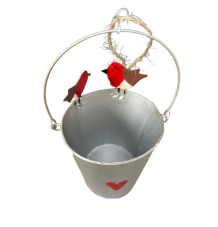 Robins on a pail hanging decoration by Shoeless Joe