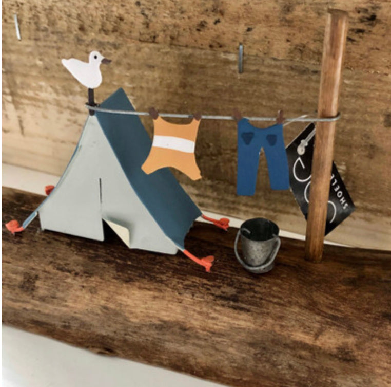 Seaside camp. Retro blue tent ornament by Shoeless Joe