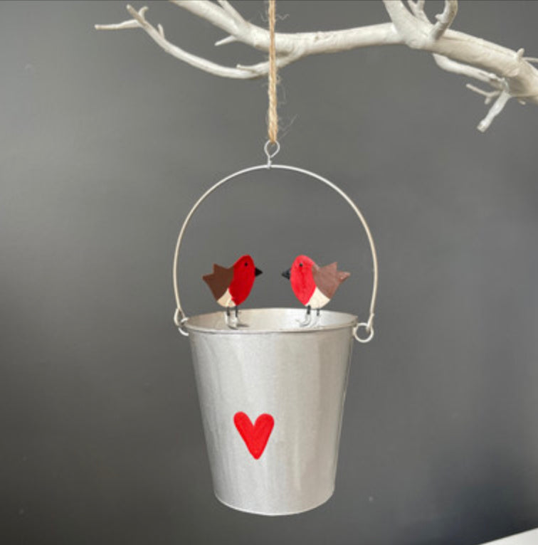 Robins on a pail hanging decoration by Shoeless Joe