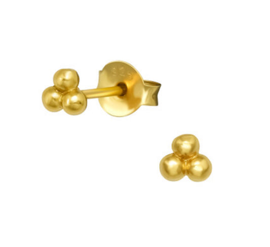 Triple ball trefoil gold plated stud earrings