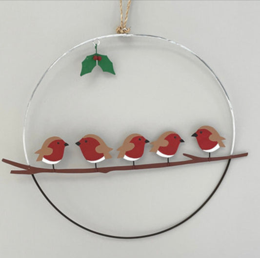 Five robins on a perch Christmas wreath by Shoeless Joe