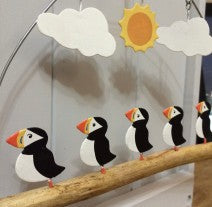 5 puffins in the sun hanging decoration by Shoeless Joe