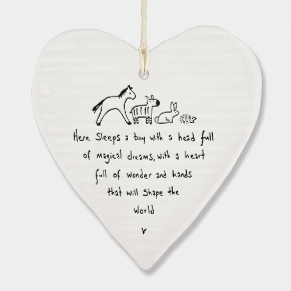 Here sleeps a boy with a head full of dreams. Porcelain hanging heart