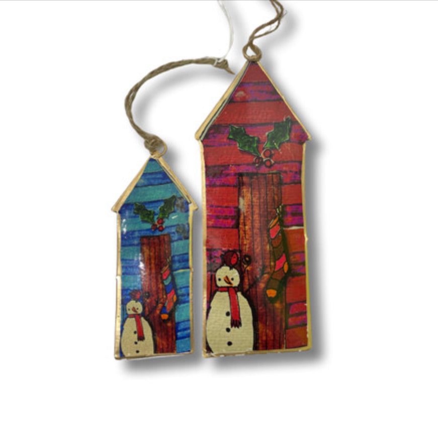 Christmas beech hut hanging decoration, red or blue by Shoeless Joe