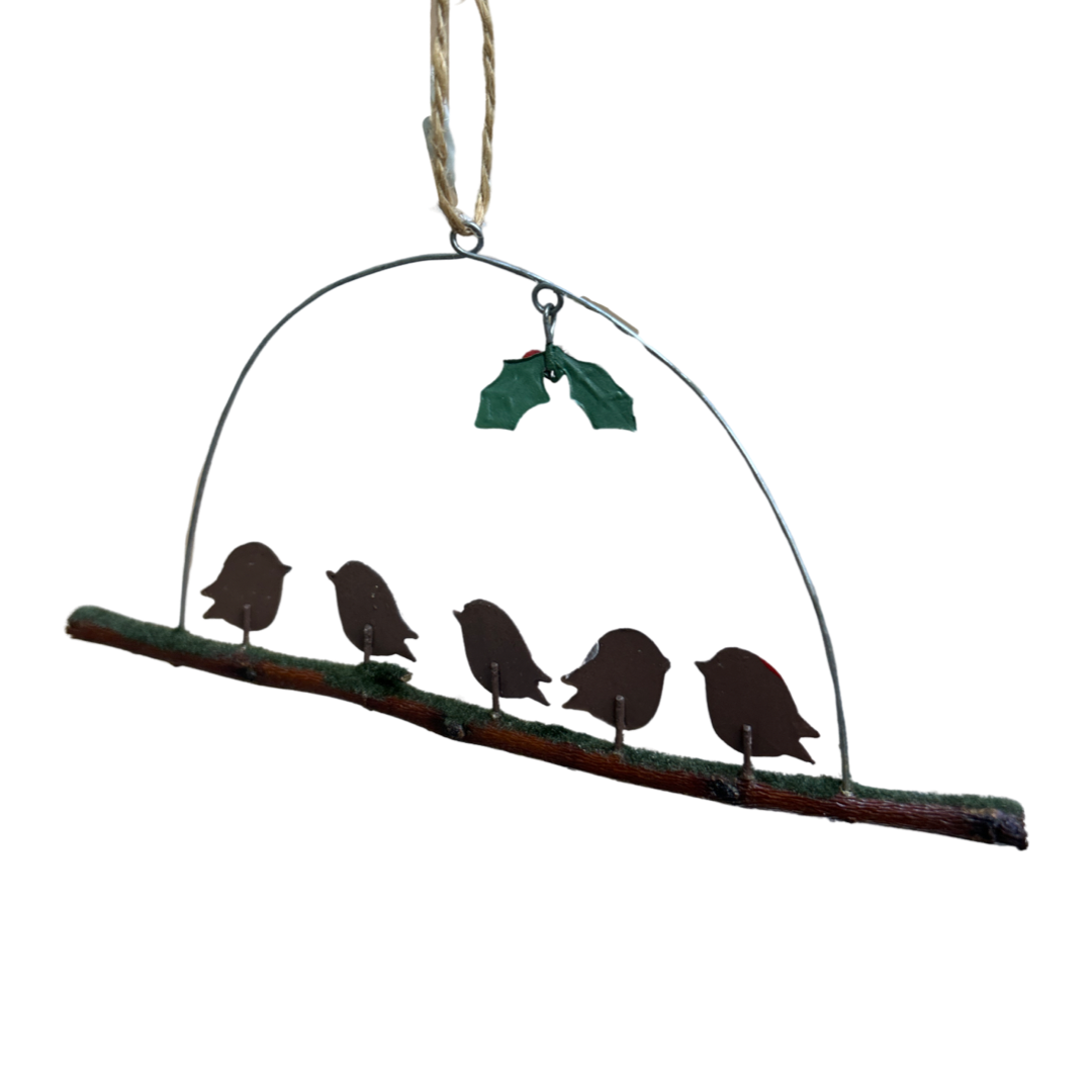 Five robins perched on a twig. Hanging decoration by Shoeless Joe