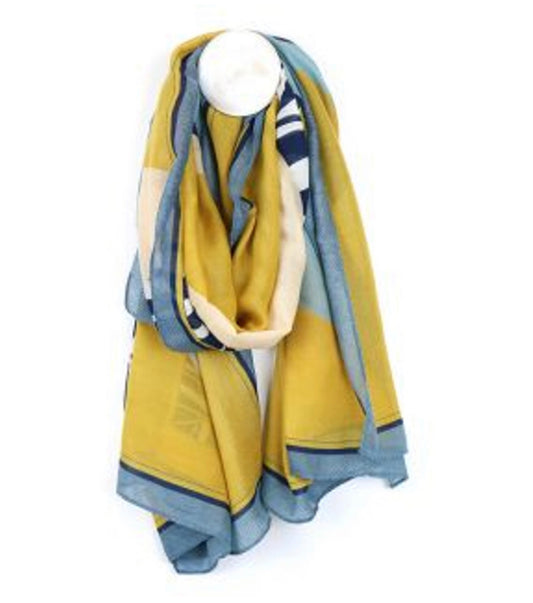 Yellow mix colour block graphic leaf print scarf