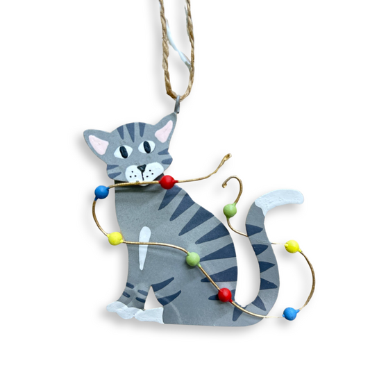 Grey tabby cat with Christmas decoration