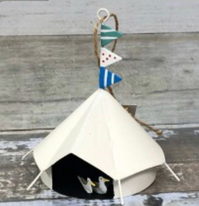 Glamping tent with seagulls. Campsite hanging decoration by shoeless joe