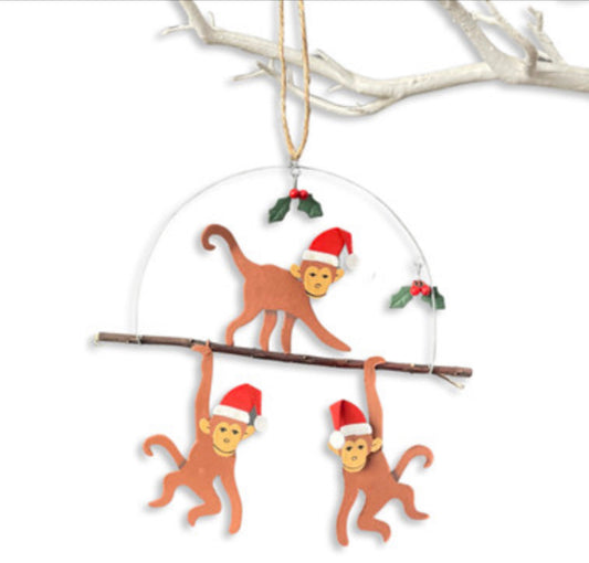 Three cheeky Christmas monkeys,  hanging Christmas decoration by Shoeless Joe