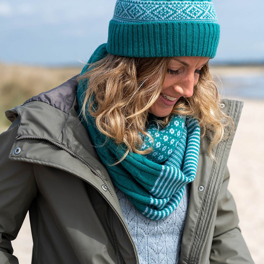 Teal stripe, scandi and cable knit snood