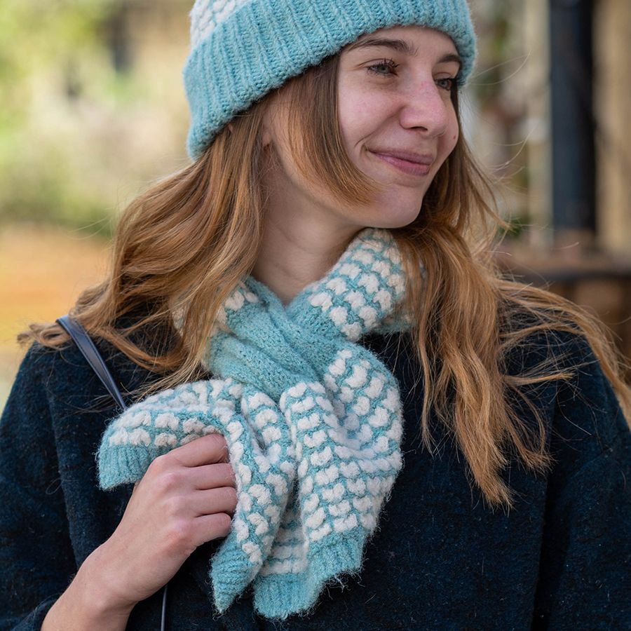 Duck egg mix heart knit recycled pull thoguh scarf