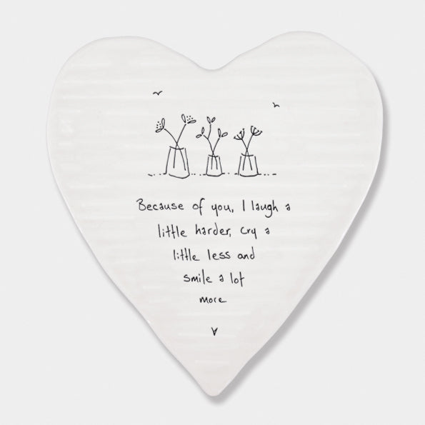 Because of you East of India heart  shape ceraqmic coaster