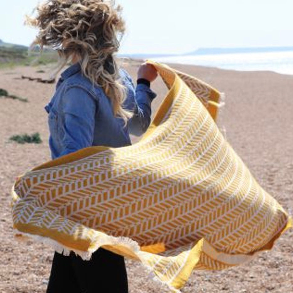 Mustard and ecru chevron reversible scarf by POM