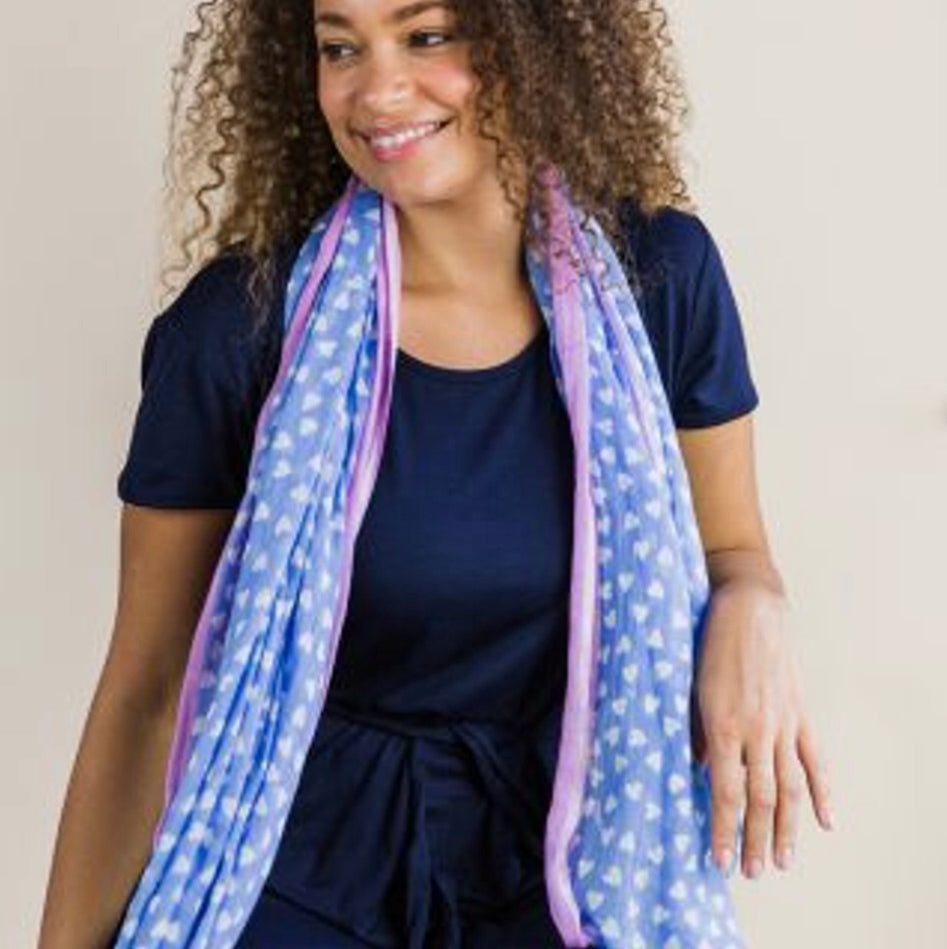 Blue and white heart scarf with pink boarder by POM