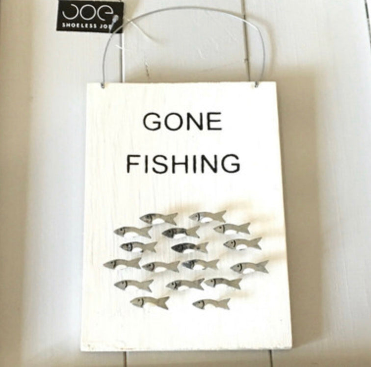 Gone fishing wooden sign by Shoeless Joe