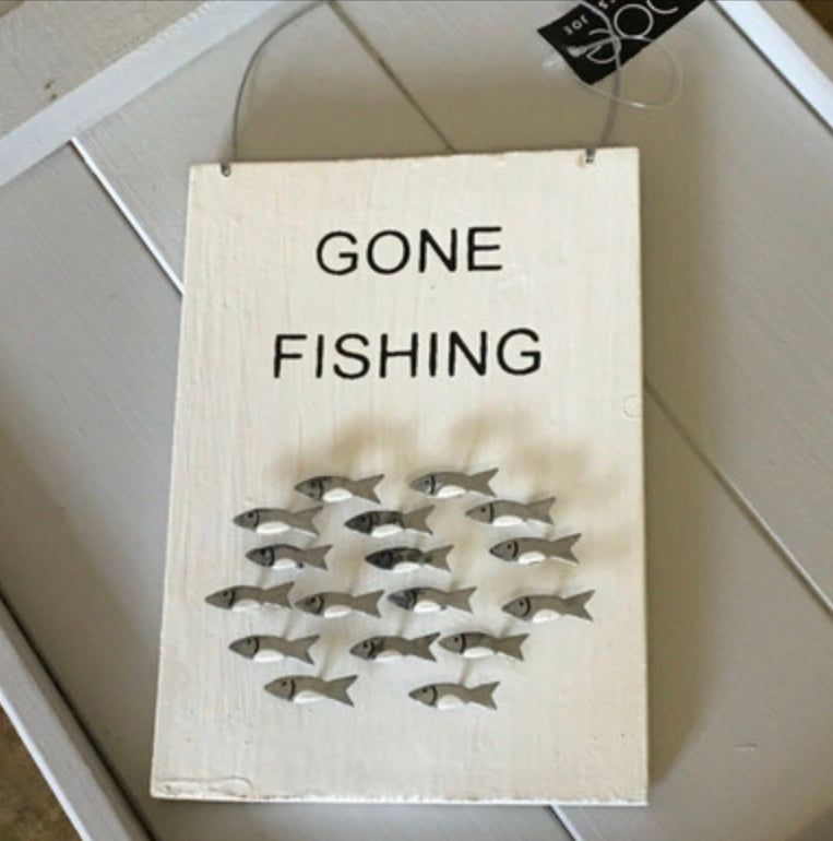 Gone fishing wooden sign by Shoeless Joe