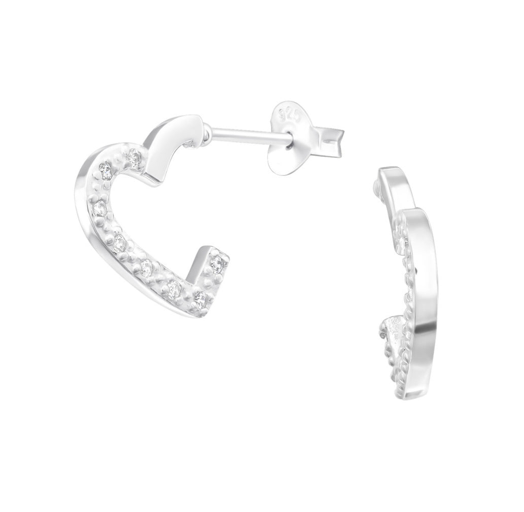 Half hoop heart sterling silver earrings with cubic zirconia