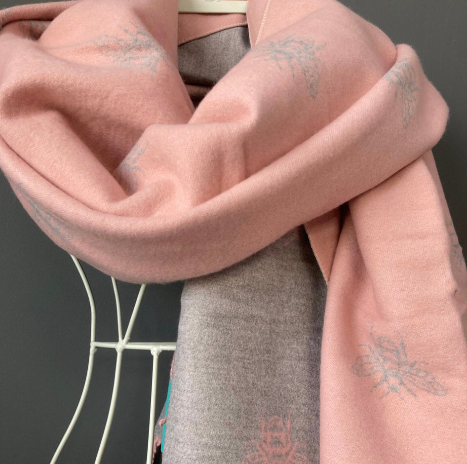 Pale pink/grey bee print soft large scarf/wrap by POM