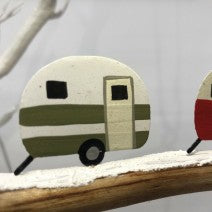 3 festive retro caravans.  Hanging Christmas decoration by shoeless joe