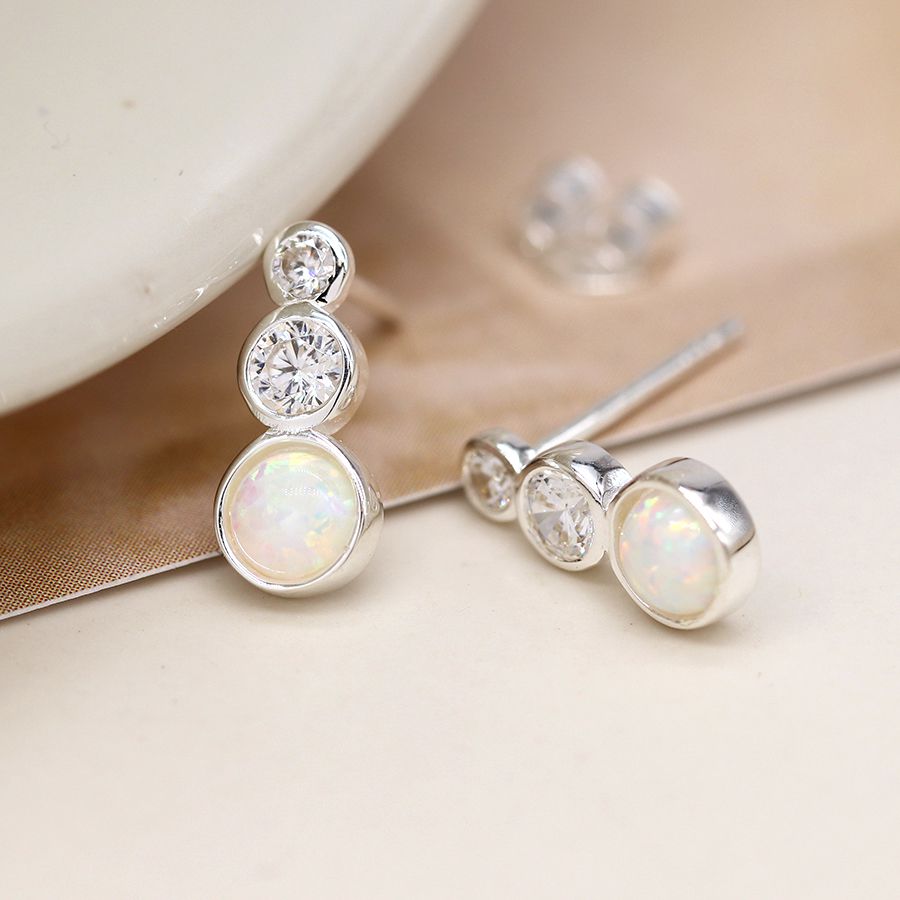 Sterling silver double crystal and white opal stud earrings
