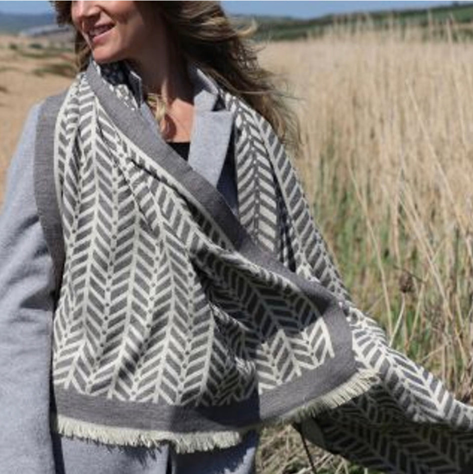 Grey and ecru chevron reversible scarf by piece of mind.