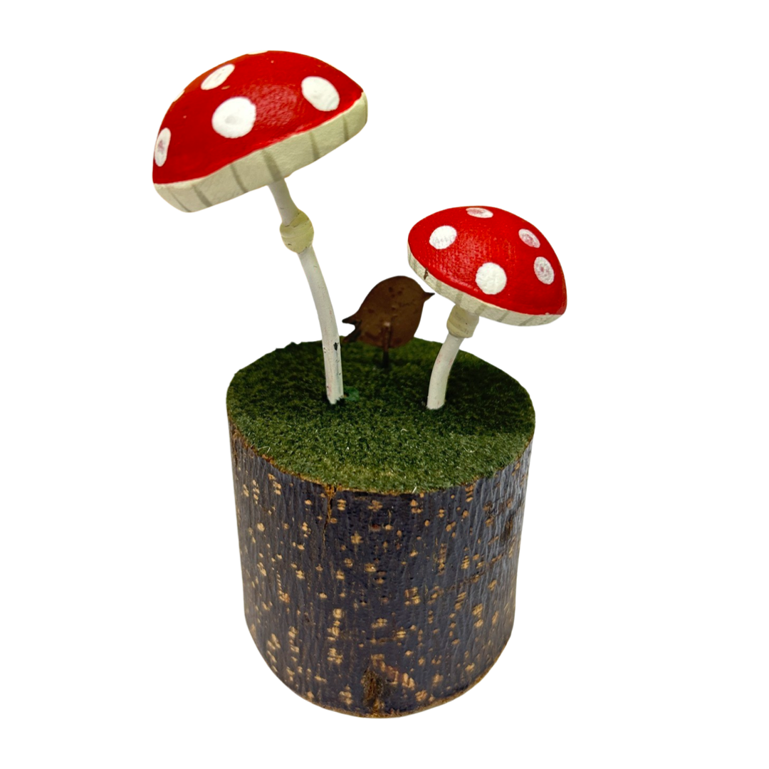 Toad stools on a log with robin standing ornament by shoeless joe
