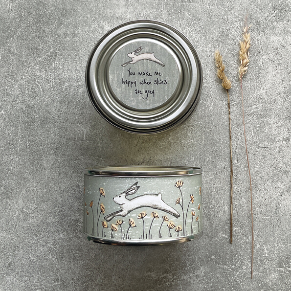 You make me happy when skies are grey, tinned candle by East of India