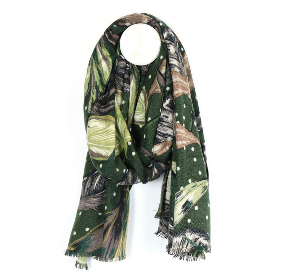 Green mix leaf and dot print scarf by Piece of mind ltd