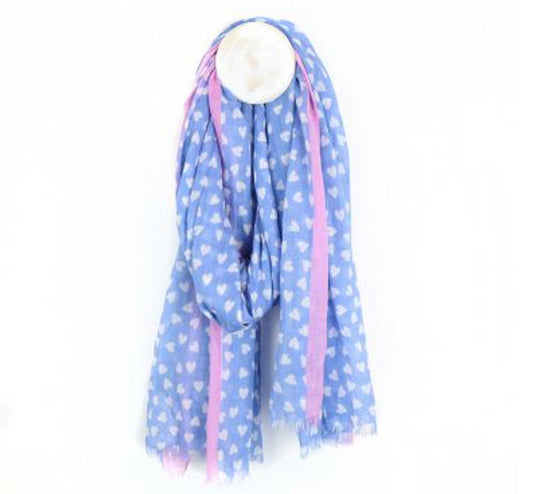 Blue and white heart scarf with pink boarder by POM