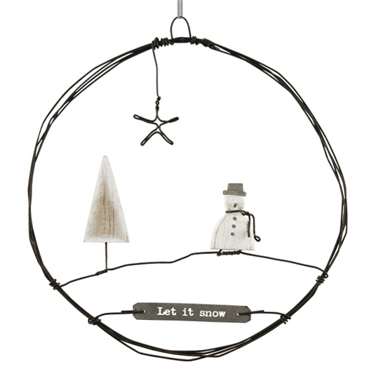 Hanging metal snowman wreath ‘let it snow’ by East of India