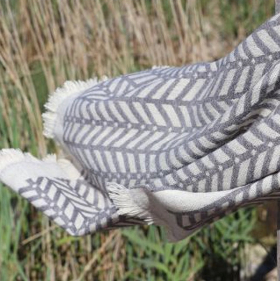 Grey and ecru chevron reversible scarf by piece of mind.