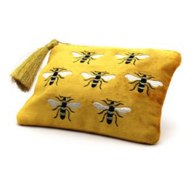 Mustard velvet embroidered bee small make up pouch/bag by POM