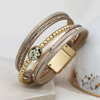 Golden mix leather bracelet with crystals and Dalmatian Jasper