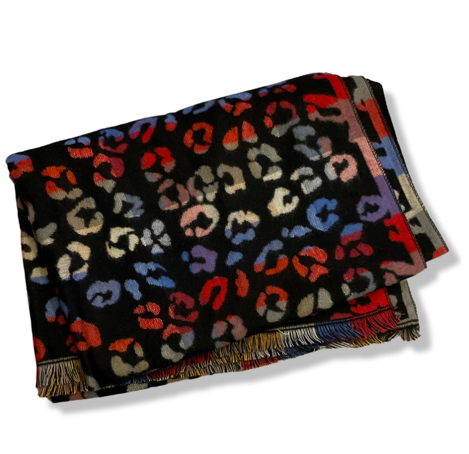 Multi coloured animal print scarf/ wrap in black